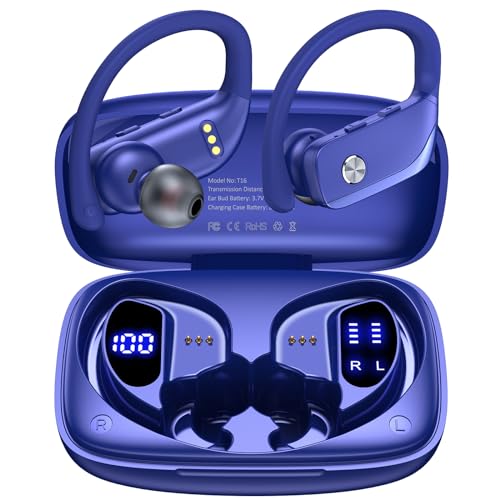 Bmanl Wireless Earbuds Bluetooth Headphones - 48Hrs Playtime, LED Display, Sport Earphones with Mic - Blue